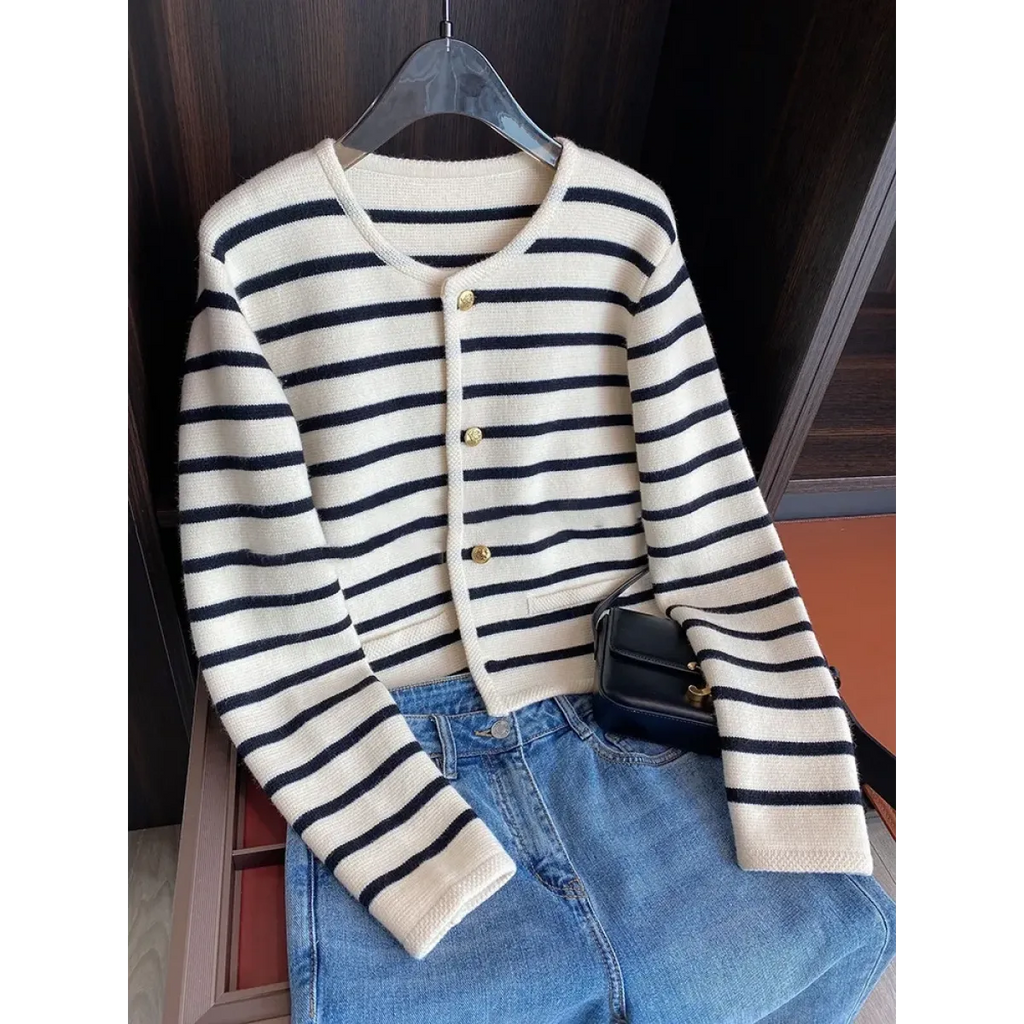 Striped Knit O-Neck Cropped Cardigan - Women’s Clothing & Accessories - Cardigan - 10