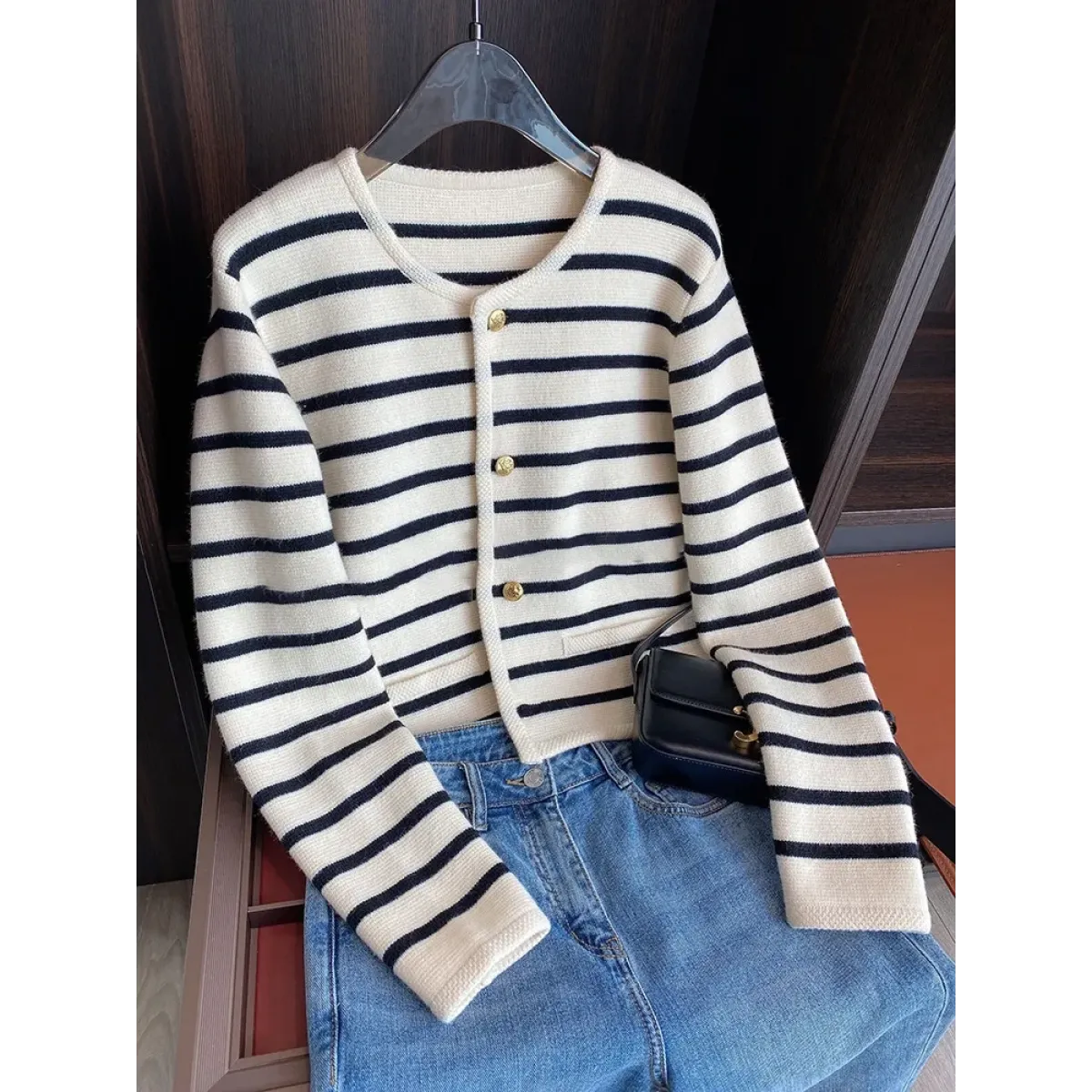 Striped Knit O-Neck Cropped Cardigan - Women’s Clothing & Accessories - Cardigan - 10