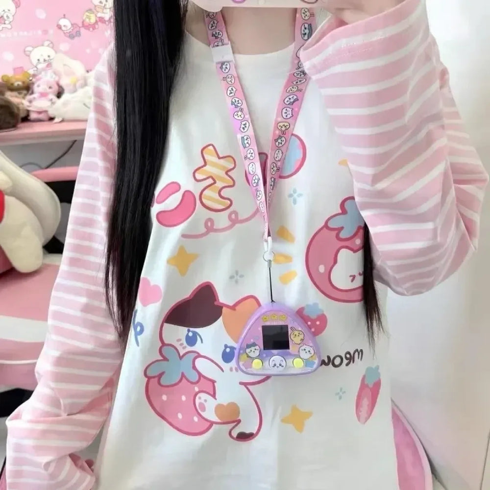 Pink Striped Cartoon Long Sleeve Graphic Tee - T-Shirts - T-Shirt - 1