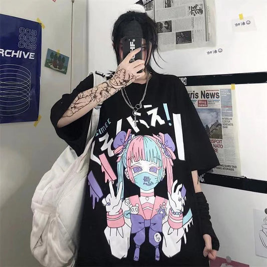 Cyber Punk Anime Oversized Tee - Urban Harajuku Style Graphic Shirt