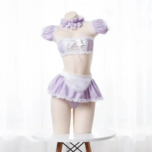 Cosplay Maid Lingerie Set – Lace Plaid Anime-Inspired Outfit