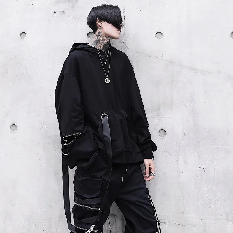 Gothic Techwear Black Hoodie - Kawaii Stop - Autumn, Black Hoodie, Daily Wear, Edgy Look, Fashion Statement, Gothic Hoodie, Hooded, Men's Clothing, Men's Fashion, Men's Hoodies, Men's Techwear, Polyester, Regular Fit, Spring, Techwear, Thin Material, Unique Design