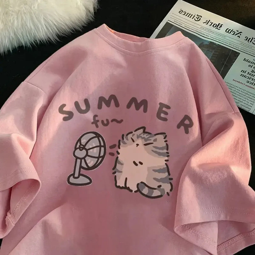 Pink Cat Print Cotton Kids T-Shirt - T-Shirts - T-Shirt - 1