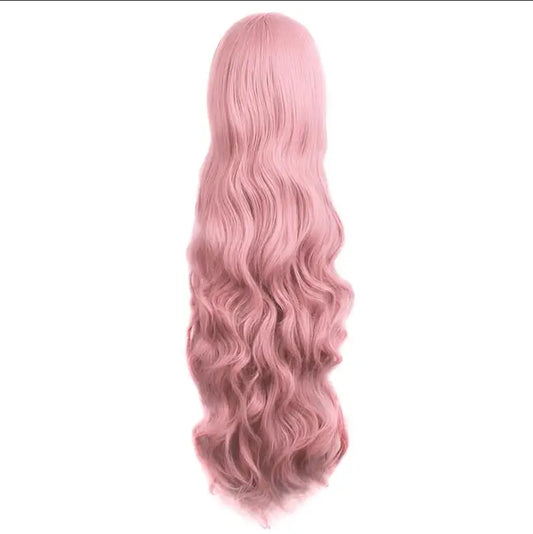 Long Wavy Pink Wig with Bangs