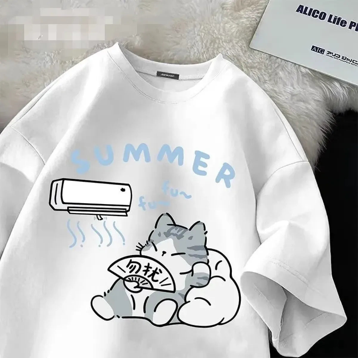 Japanese Cartoon Cat Print Loose T-Shirt - Dresses - T-Shirt - 4