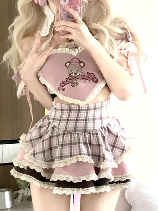 Serendipity Teddy Outfit - Kawaii Stop - Adorable, Crop Top, Cute, Dollette, Elegant, Girly, Junior Size, Kawaii, Lolita Skirt, Medium Stretch, Pink Plaid, Pleated Front, Puff Sleeves, Ruffles, Summer Fashion, Sweet, Teddy Outfit, Unique, Wide Leg Pants, Women's Fashion, Zipper Fly