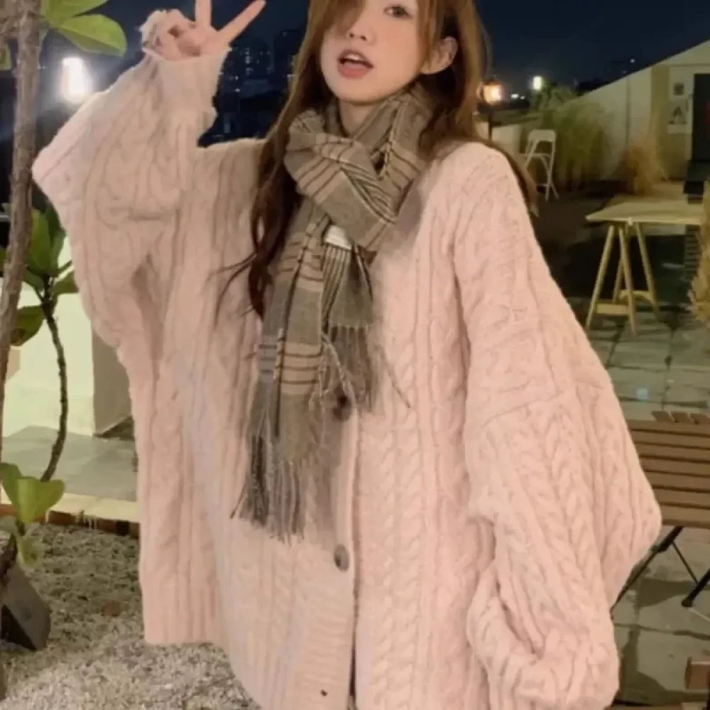 Twist Knit Pink Long Cardigan Sweater - Sweaters - Cardigan - 1