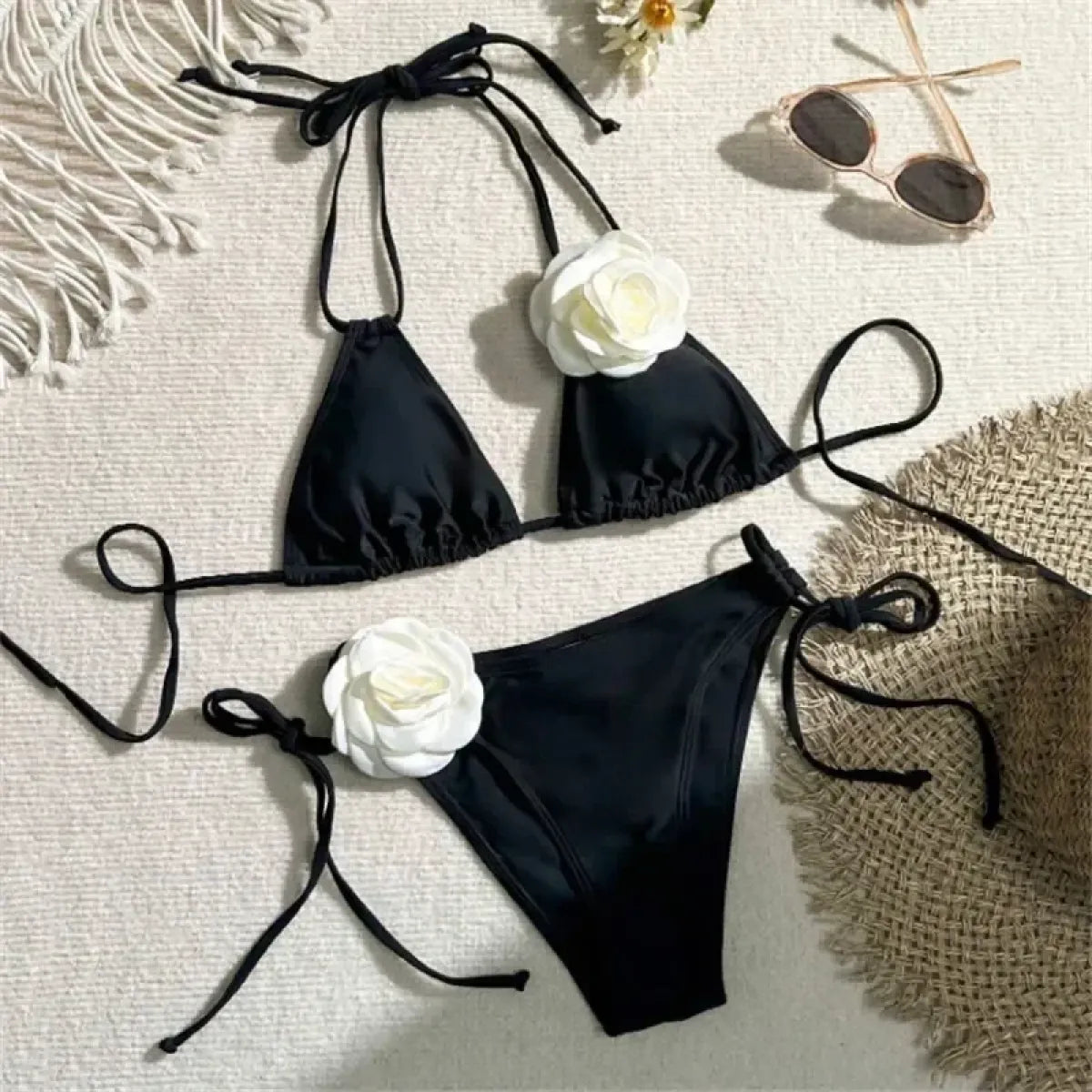 Black 3D Flower Triangle Bikini Set - Swimsuits - Swimsuit / Bikini / One-Piece Swimwear - 1