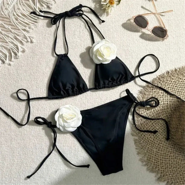 Black 3D Flower Triangle Bikini Set - Swimsuits - Swimsuit / Bikini / One-Piece Swimwear - 1