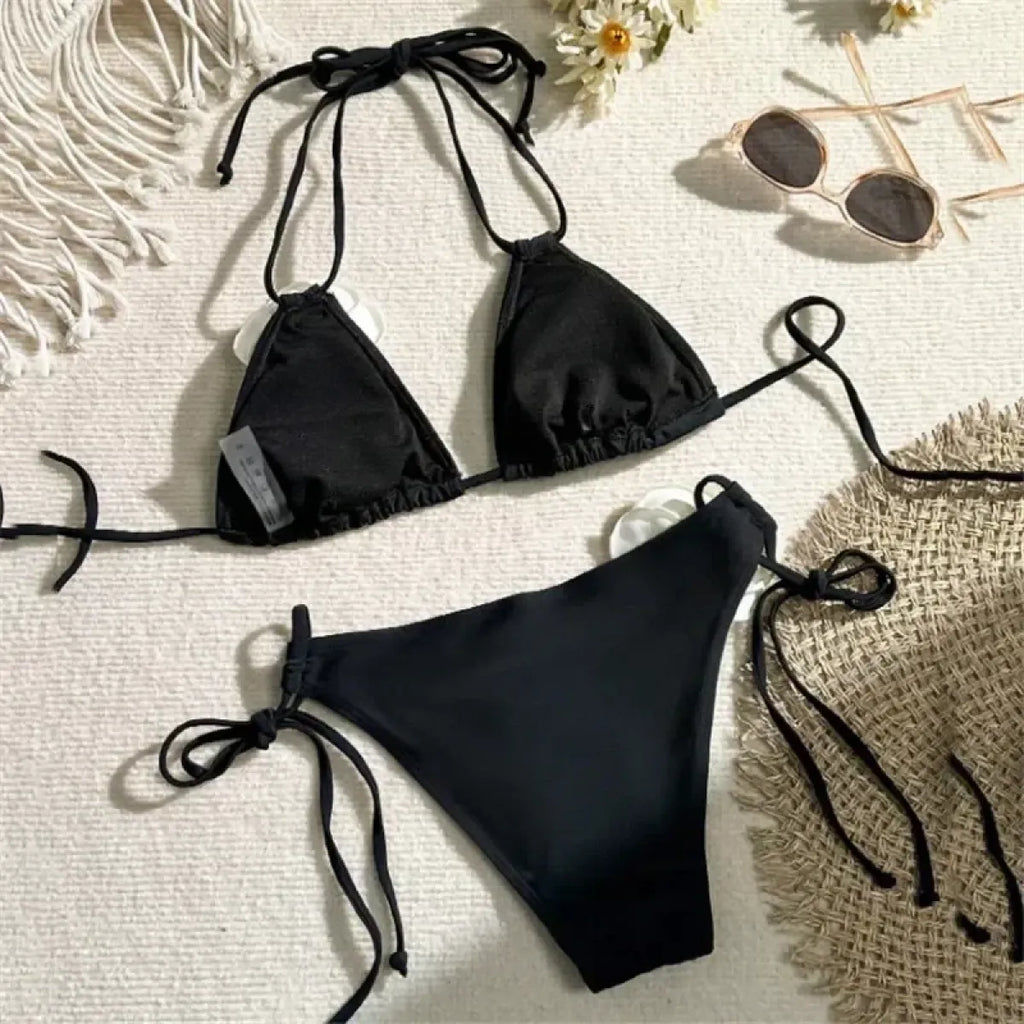 Black 3D Flower Triangle Bikini Set - Swimsuits - Swimsuit / Bikini / One-Piece Swimwear - 3