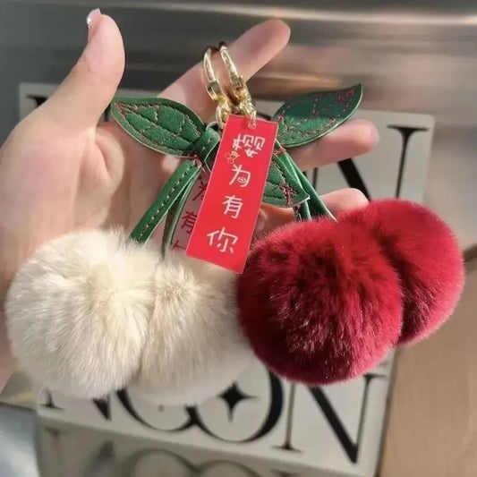 Fluffy Rabbit Fur Cherry Pom Pom Keychain Charm - Accessories - Accessory - 2