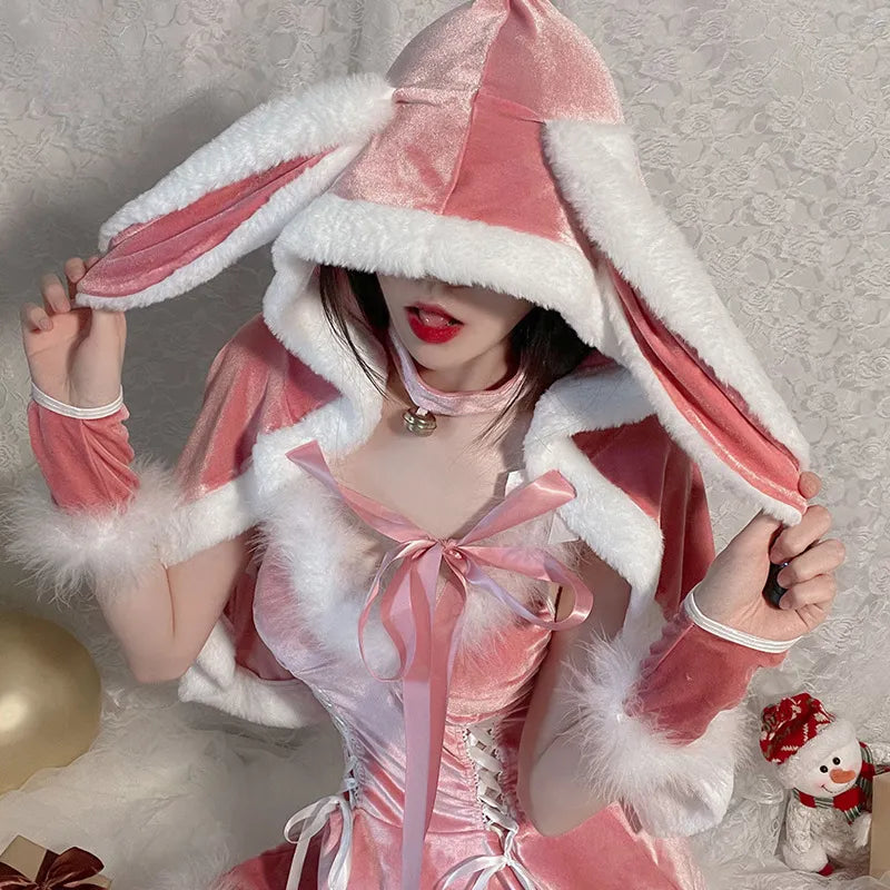 Hooded Pink Christmas Bunny Set - Kawaii Stop - Bunny Ears, Celebration, Christmas Bunny, Costume Set, Cute, Festive Goddess, Festive Stockings, Holiday Cheer, Holiday Spirit, Playful, Polyester, Santa Hat, Unique, Women's Clothing