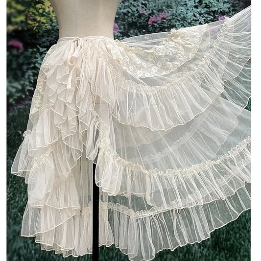 Double-Layered Waist Curtain Skirt - Asymmetrical Ruffle High-Low Cover-Up