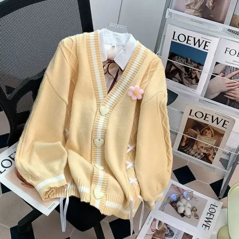 Sweet Bow Drawstring Preppy Knit Cardigan - Women’s Clothing & Accessories - Cardigan - 1