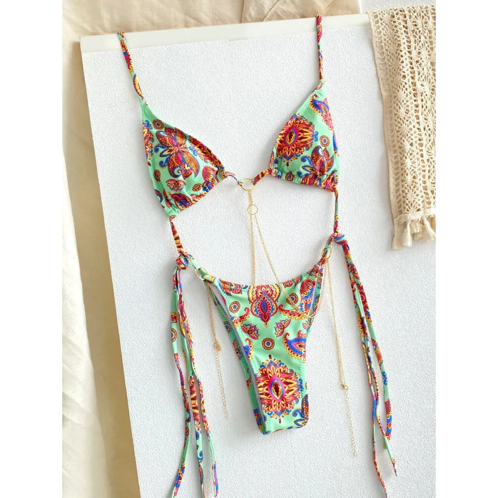 Triangle Chain Print Micro Thong Bikini Set - Swimsuits - Swimsuit / Bikini / One-Piece Swimwear - 9