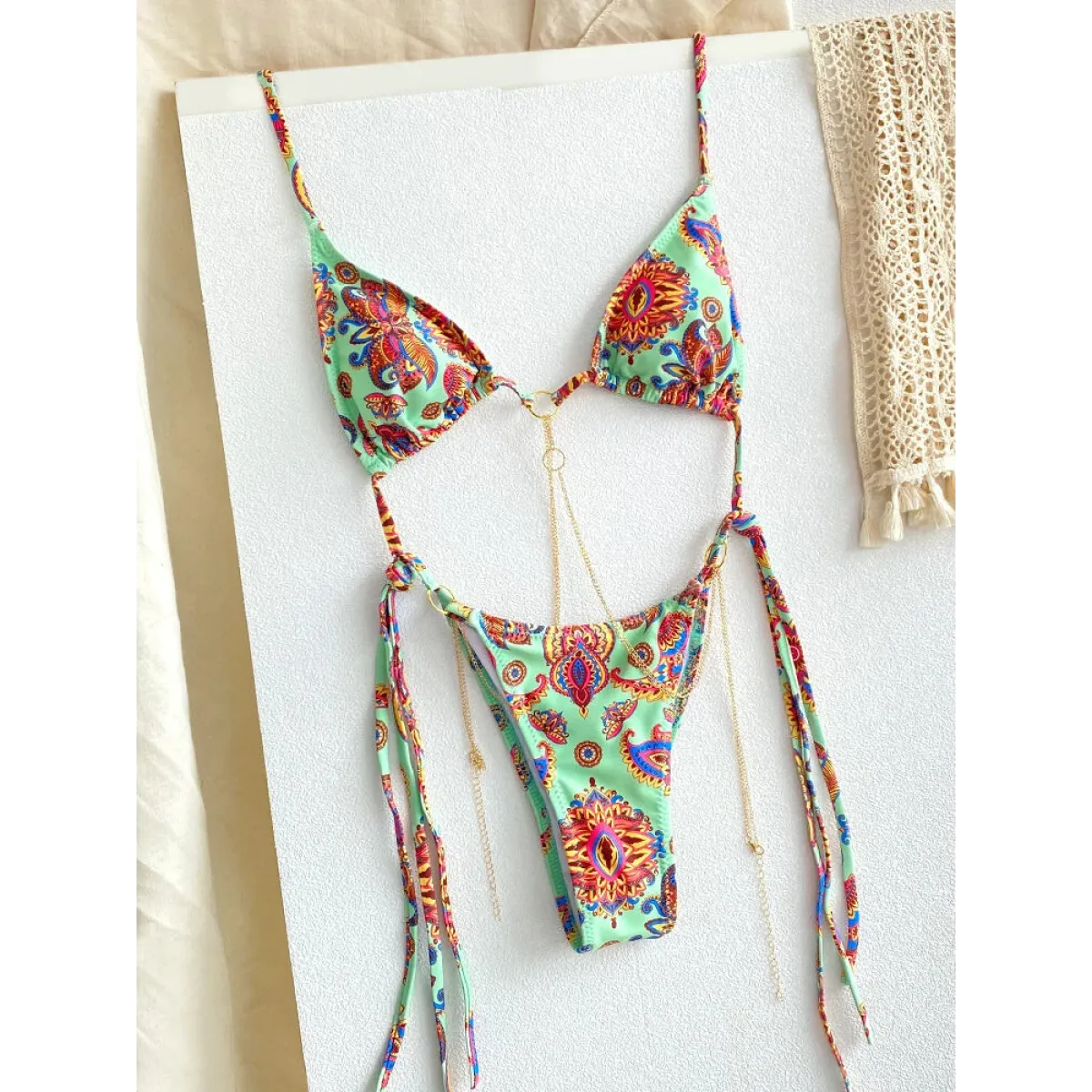 Triangle Chain Print Micro Thong Bikini Set - Swimsuits - Swimsuit / Bikini / One-Piece Swimwear - 9