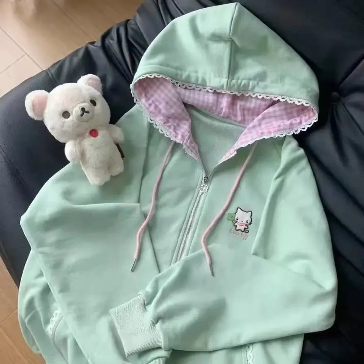 Cat Floral Embroidered Zip Hoodie - Women’s - Hoodie - 5