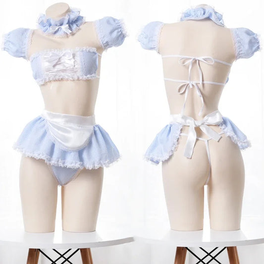 Cosplay Maid Lingerie Set – Lace Plaid Anime-Inspired Outfit