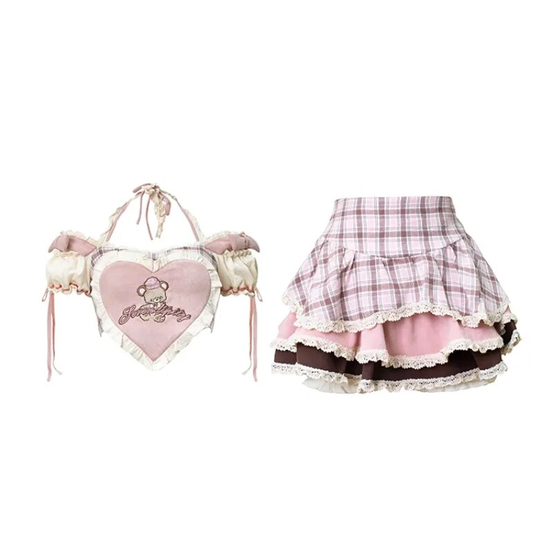 Serendipity Teddy Outfit - Kawaii Stop - Adorable, Crop Top, Cute, Dollette, Elegant, Girly, Junior Size, Kawaii, Lolita Skirt, Medium Stretch, Pink Plaid, Pleated Front, Puff Sleeves, Ruffles, Summer Fashion, Sweet, Teddy Outfit, Unique, Wide Leg Pants, Women's Fashion, Zipper Fly