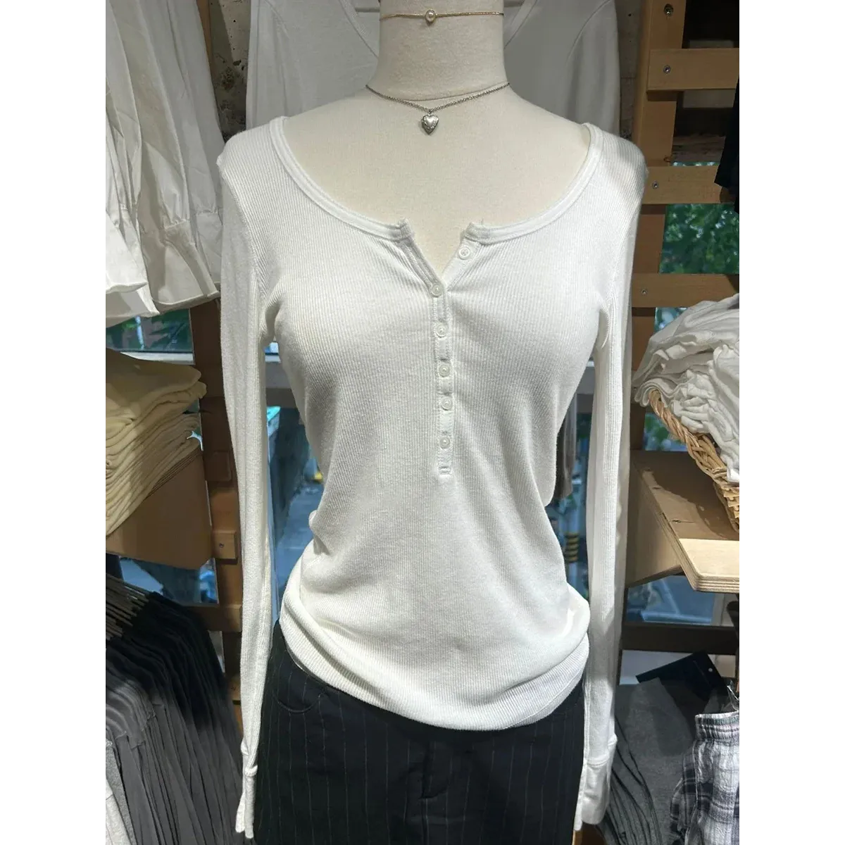 Six Button Ribbed Long Sleeve Slim Tee - T-Shirts - T-Shirt - 21