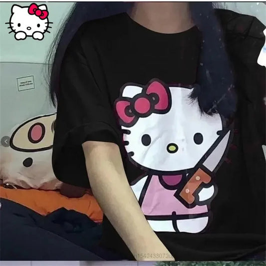 Cute Hello Kitty Sanrio T-Shirt Cotton Summer Y2K Loose Short Sleeve Top Female Dark Print Girl and Sweet Harajuku Clothes