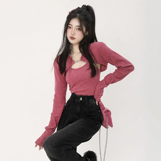 Knitted Sweater Set - Korean Fashion Cardigan + Vest