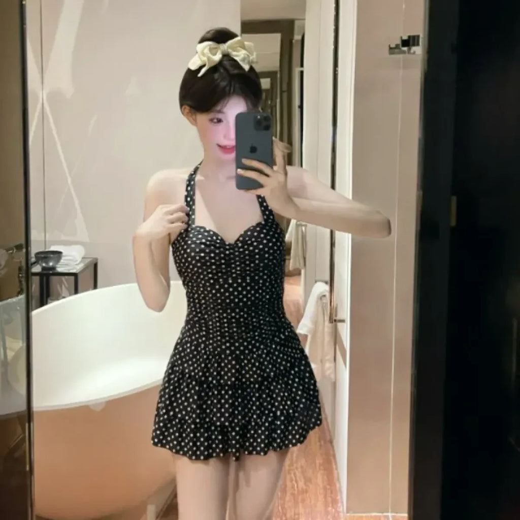 Beige Polka Dot Halter One-Piece Ruffle Swimsuit - Women’s Clothing & Accessories - Swimsuit / Bikini / One-Piece