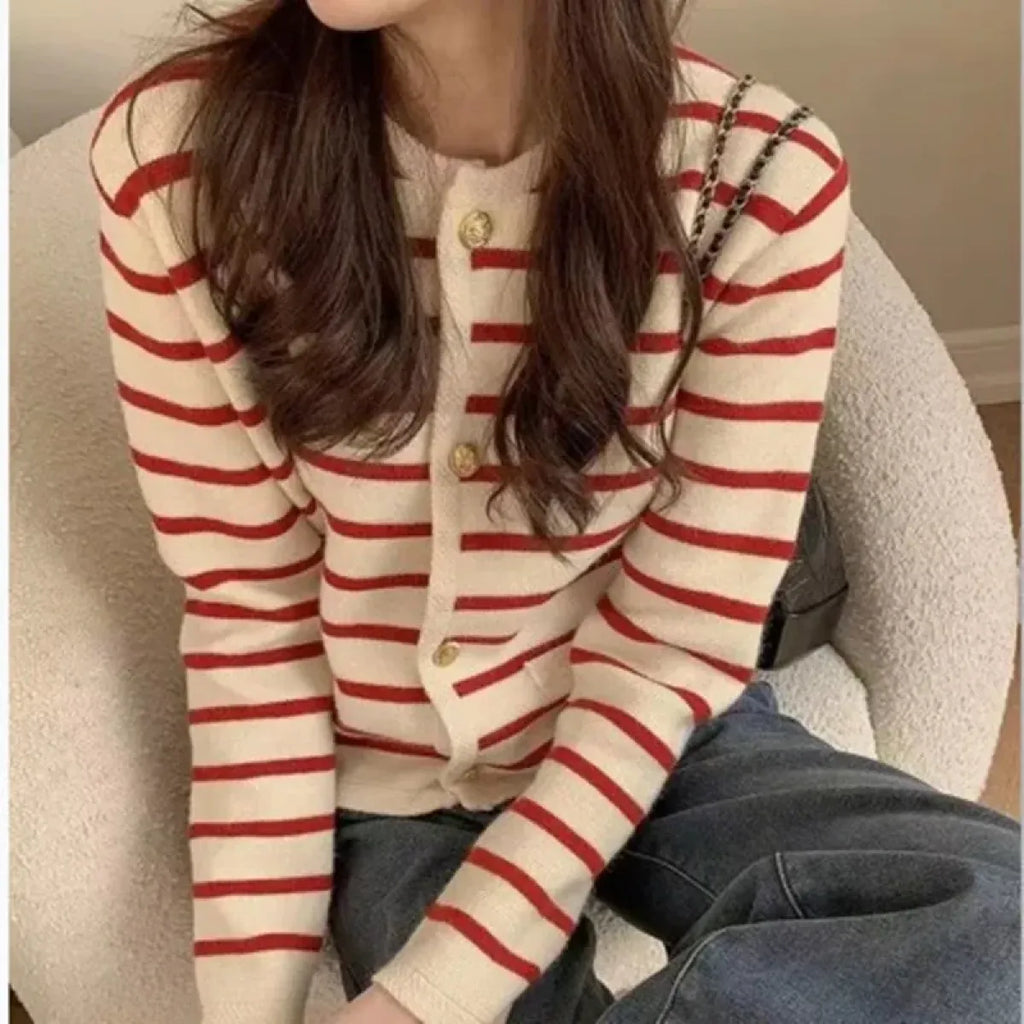 Striped Knit O-Neck Cropped Cardigan - Women’s Clothing & Accessories - Cardigan - 2