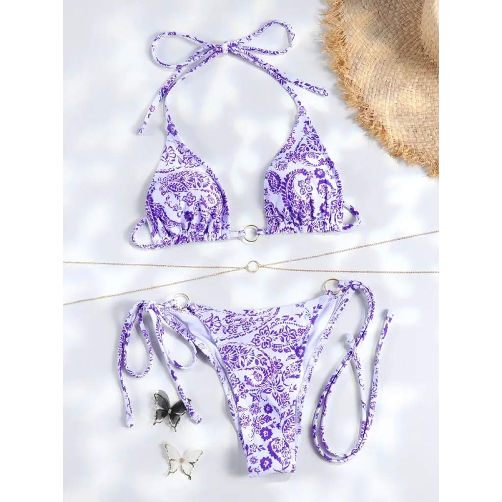 Triangle Chain Print Micro Thong Bikini Set - Swimsuits - Swimsuit / Bikini / One-Piece Swimwear - 10