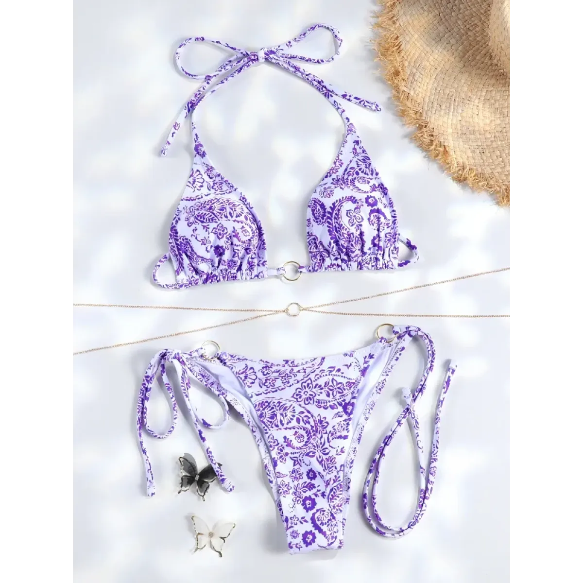 Triangle Chain Print Micro Thong Bikini Set - Swimsuits - Swimsuit / Bikini / One-Piece Swimwear - 10