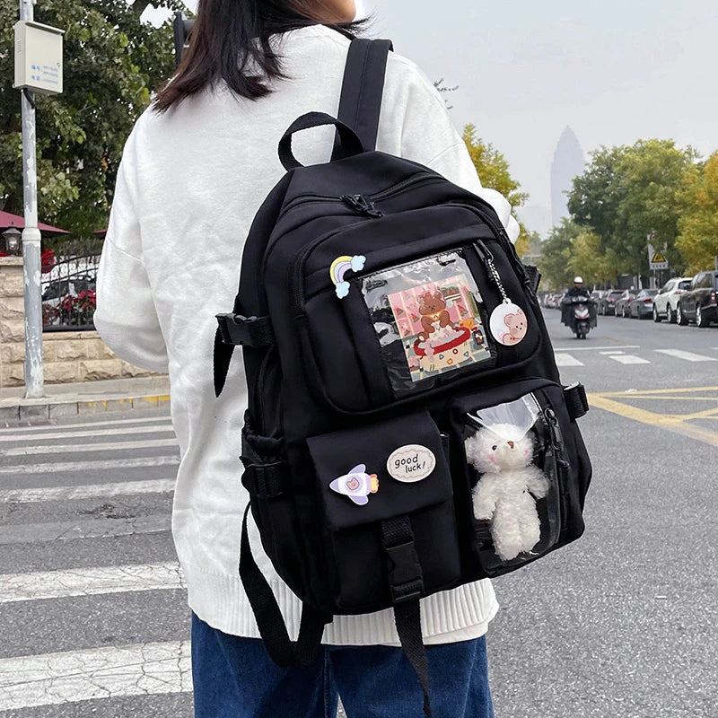Kawaii  School Backpack - Kawaii Stop - Black, Cute Backpack, Everyday Style, Fashion Backpack, Green, Kawaii School Backpack, Laptop Backpack, Nylon Backpack, Organization, Pink, School Essentials, Stylish Backpack, Travel Companion, Trendy Accessories, White