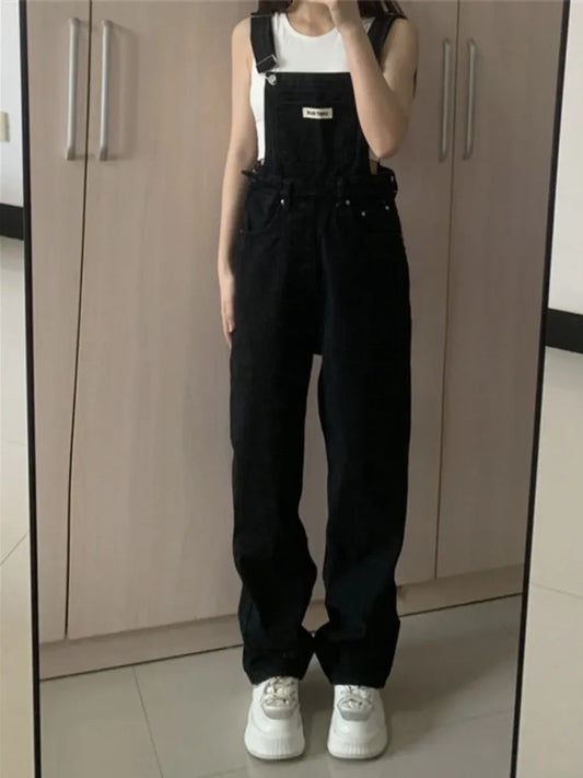 Harajuku-Inspired Denim Jumpsuit - Kawaii Stop - Cotton, Denim, Fashion Statement, Full Length, Harajuku, High Waist, Jumpsuit, Letter Pattern, Loose Fit, Polyester, Preppy Style, Spring, Strap, Street Style, Summer, Trendy, Unique, Women