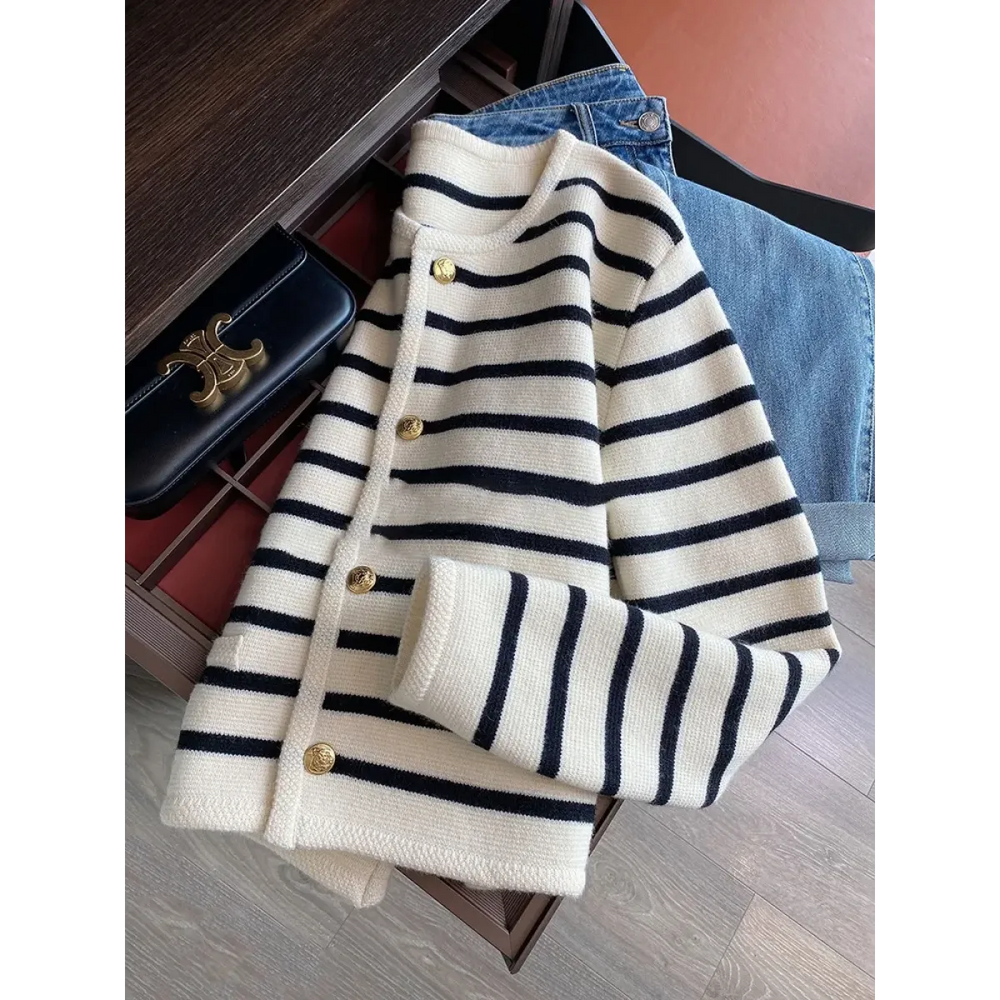 Striped Knit O-Neck Cropped Cardigan - Women’s Clothing & Accessories - Cardigan - 1