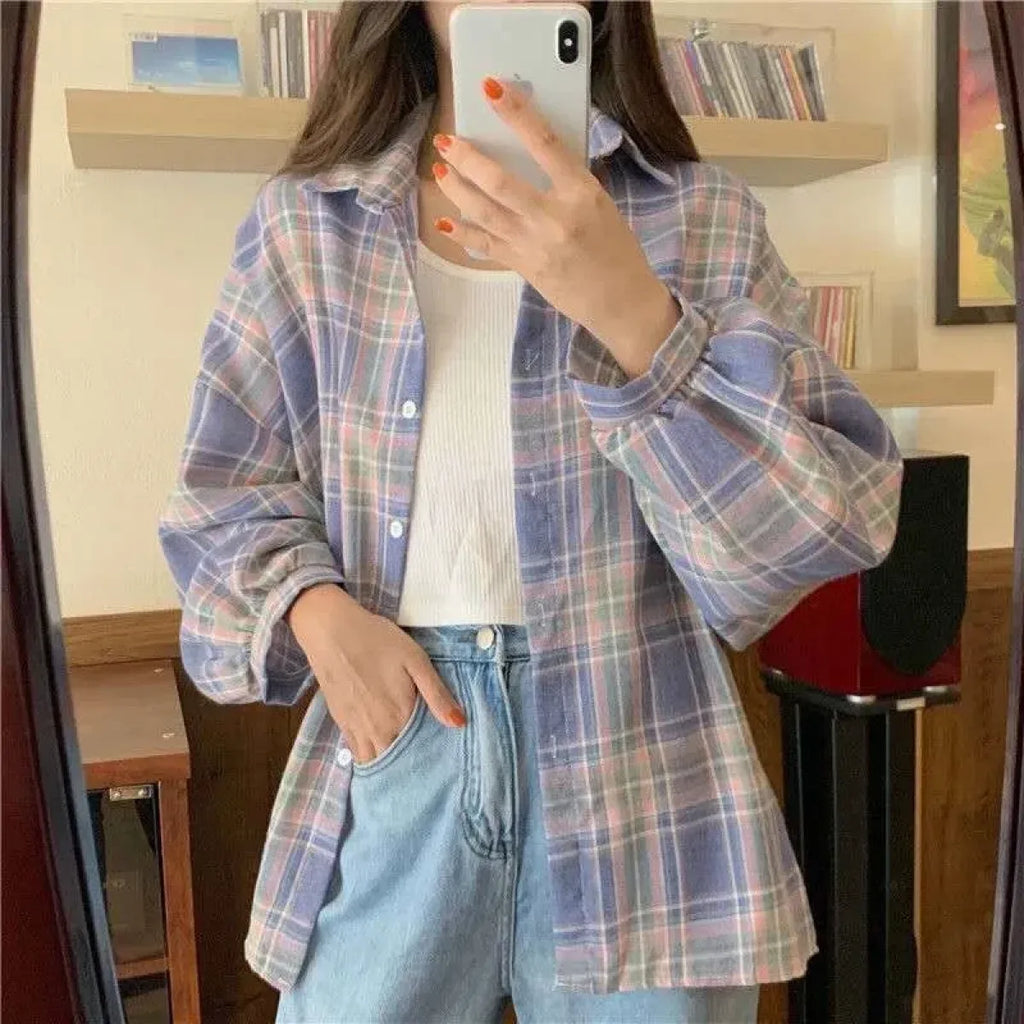 Vintage Preppy Plaid Button-Up Shirt - T-Shirts - Button-Up Shirt - 65