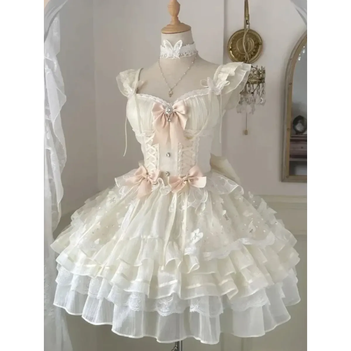Fairy Elegant Lolita Lace Bow Strap Dress - All Dresses - Lolita Dress - 16