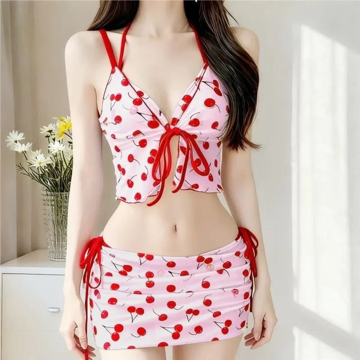 Harajuku Vintage Print Y2K Lace-Up Bikini Set