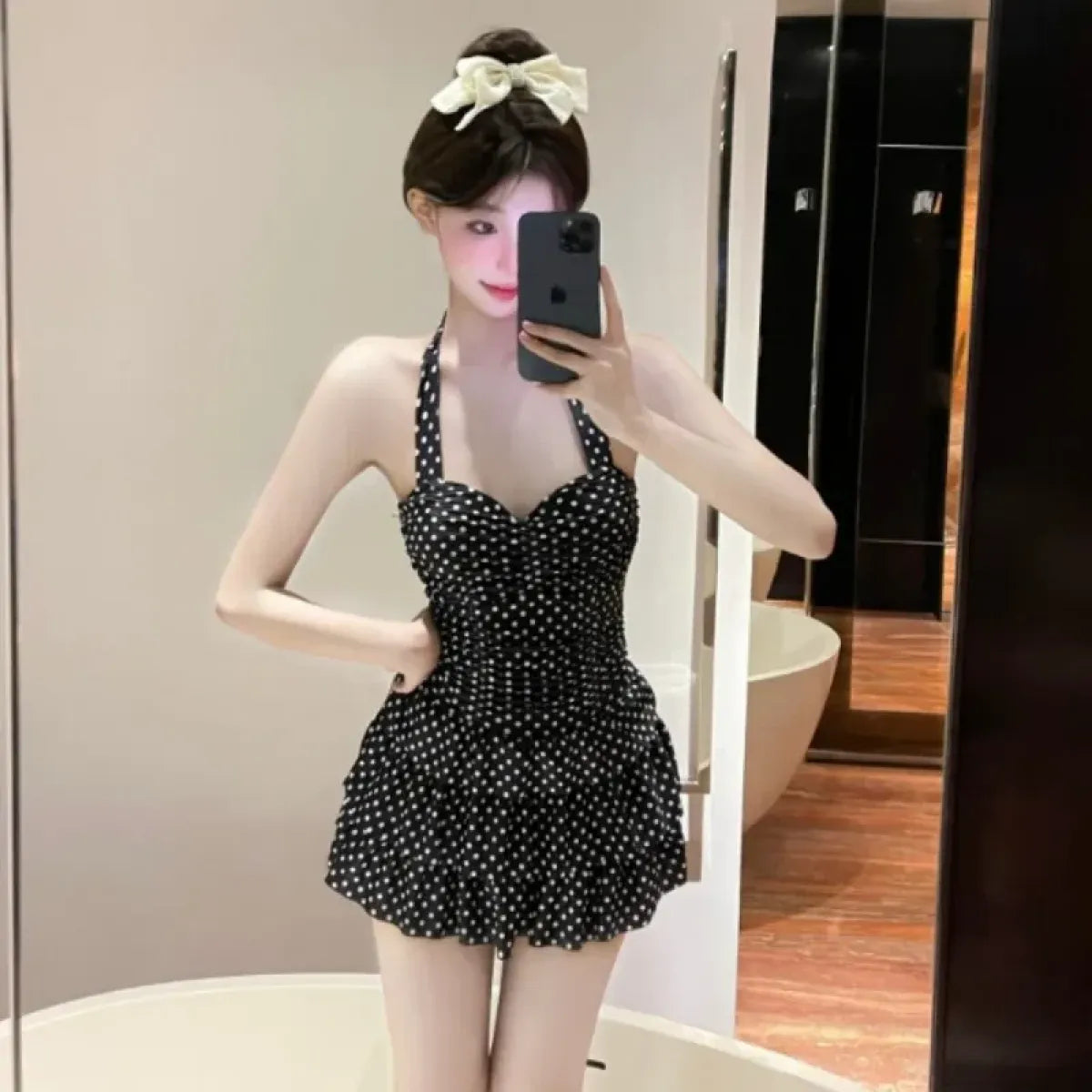 Beige Polka Dot Halter One-Piece Ruffle Swimsuit - Women’s Clothing & Accessories - Swimsuit / Bikini / One-Piece