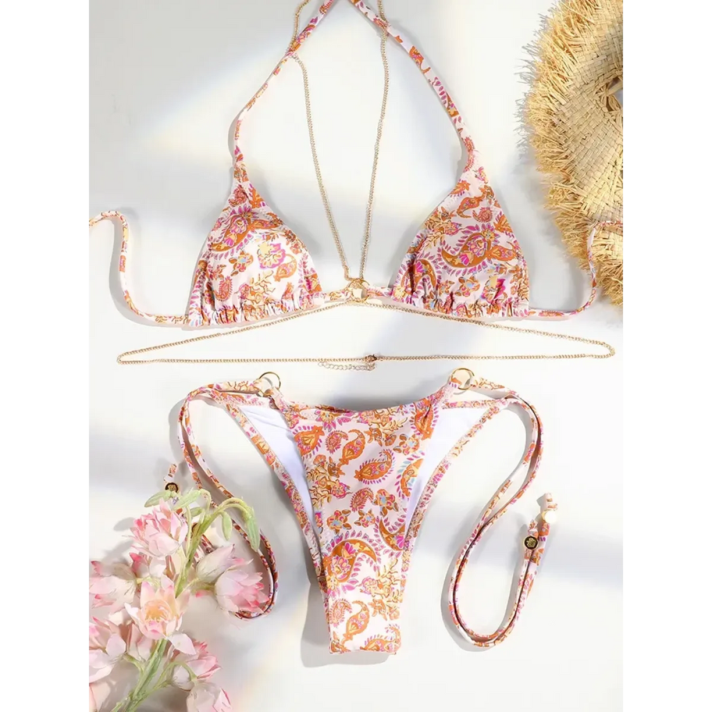 Triangle Chain Print Micro Thong Bikini Set - Swimsuits - Swimsuit / Bikini / One-Piece Swimwear - 2