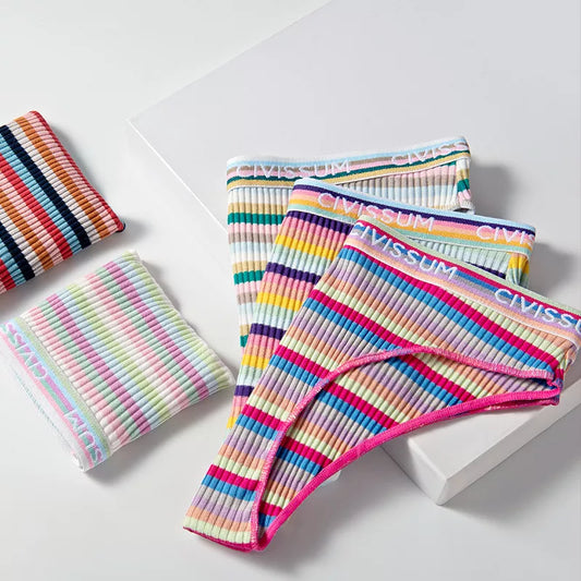 3-Pack Cotton Rainbow Striped Panties - Sexy Low Waist Lingerie for Women