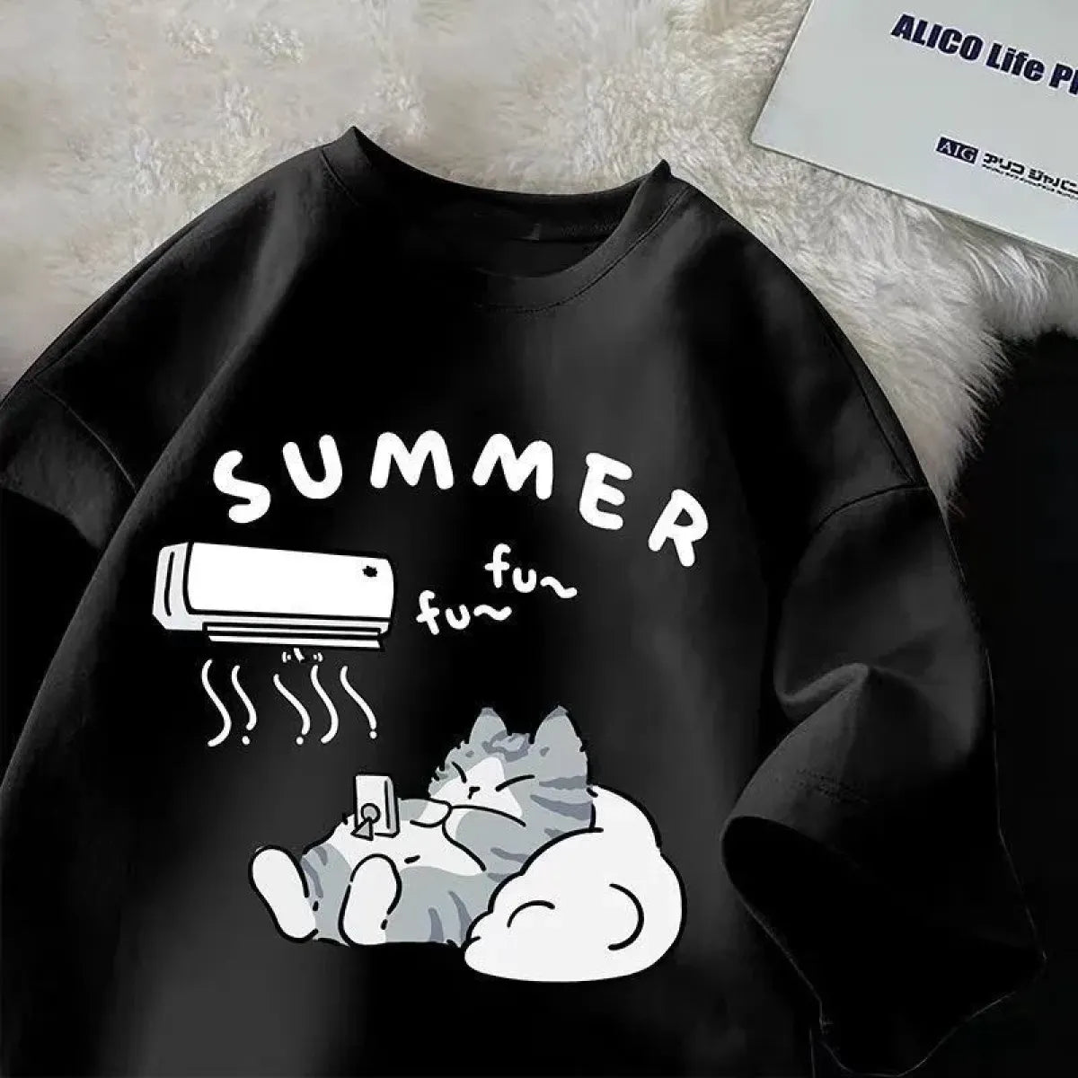 Japanese Cartoon Cat Print Loose T-Shirt - Dresses - T-Shirt - 3