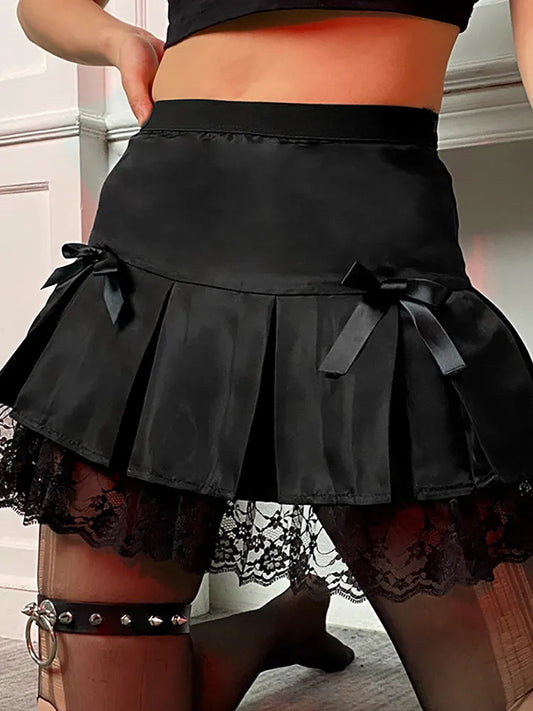 Lace Gothic High Waist Mini Skirt - Kawaii Stop - Allure, Bow Decoration, Dark Elegance, Edgy Look, Empower Your Style, Fashion Forward, Gothic Fashion, Gothic Goddess, Gothic Skirt, High Waist, Mini Skirt, Patchwork, Pleated, Regal Touch, Statement Piece, Stylish, Trendsetting, Unique Design, Whimsical