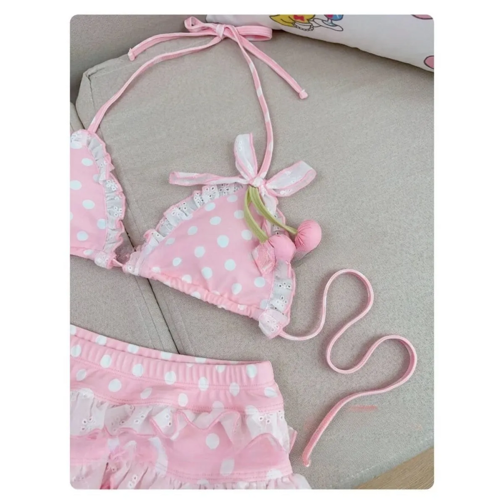 Y2K Cherry Polka Dot Bikini Set - Women’s - Swimsuit / Bikini / One-Piece Swimwear - 3