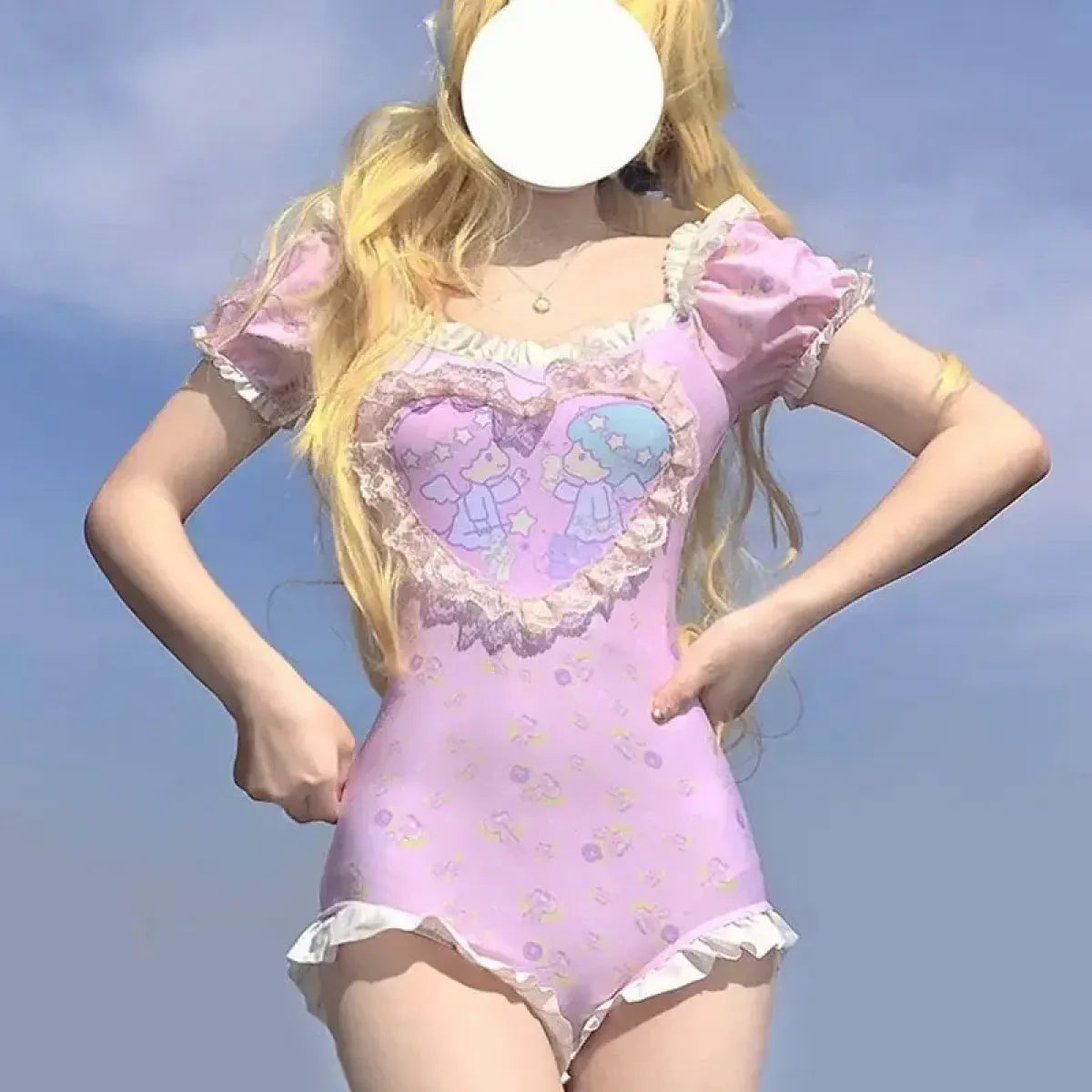 Little Twin Stars Puff Sleeve Patchwork Swimsuit - Women’s Clothing & Accessories - Swimsuit / Bikini / One-Piece
