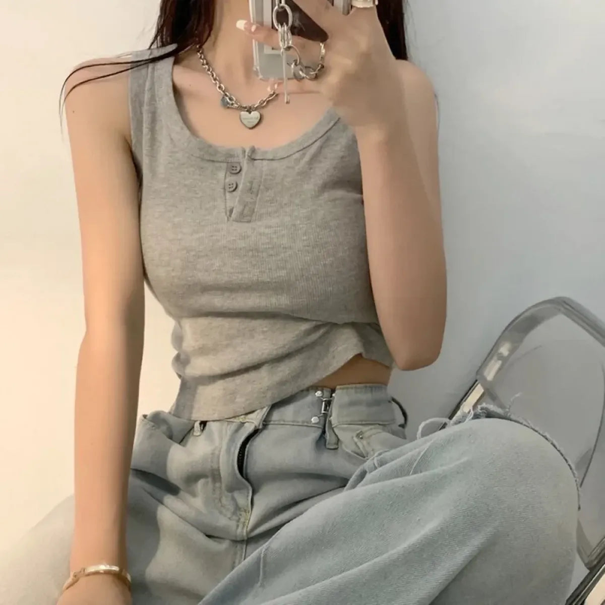 Ribbed Button Down Sleeveless Tank Top - Women’s Clothing & Accessories - Tank Top / Cami - 9