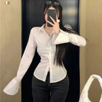 White Bell Sleeve Slim Fit Blouse - Women’s Clothing & Accessories - Blouse - 3