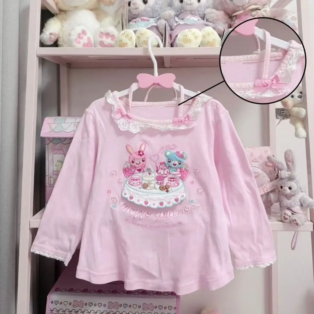 Pink Kawaii Cartoon Lace Stitch Long Sleeve T-Shirt - T-Shirts - T-Shirt - 1