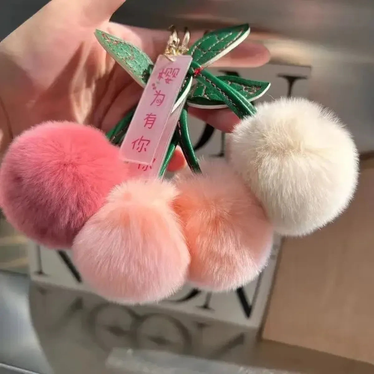 Fluffy Rabbit Fur Cherry Pom Pom Keychain Charm - Accessories - Accessory - 3