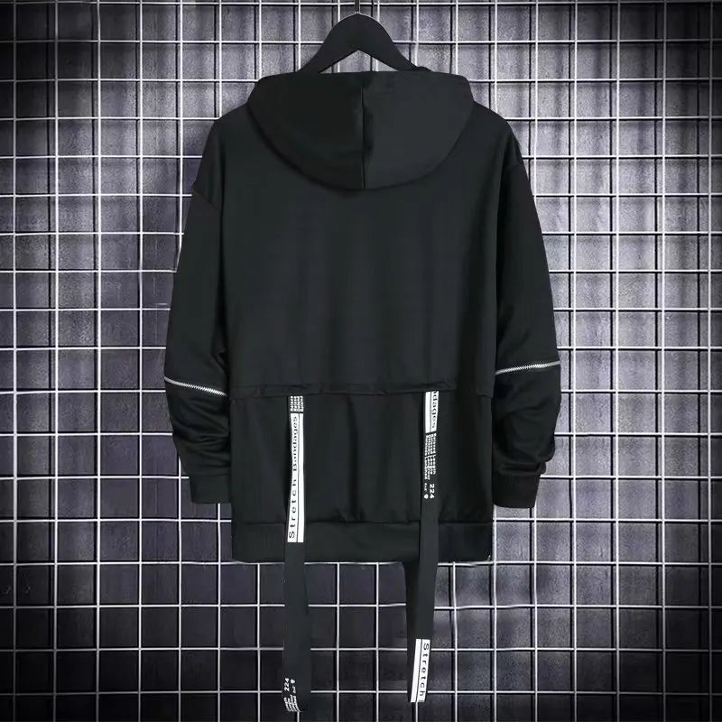 Gothic Techwear Black Hoodie - Kawaii Stop - Autumn, Black Hoodie, Daily Wear, Edgy Look, Fashion Statement, Gothic Hoodie, Hooded, Men's Clothing, Men's Fashion, Men's Hoodies, Men's Techwear, Polyester, Regular Fit, Spring, Techwear, Thin Material, Unique Design