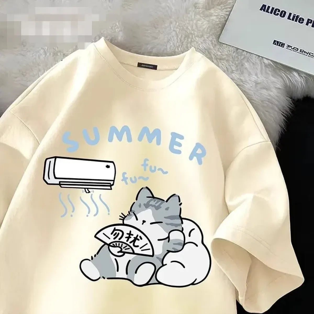 Japanese Cartoon Cat Print Loose T-Shirt - Dresses - T-Shirt - 5