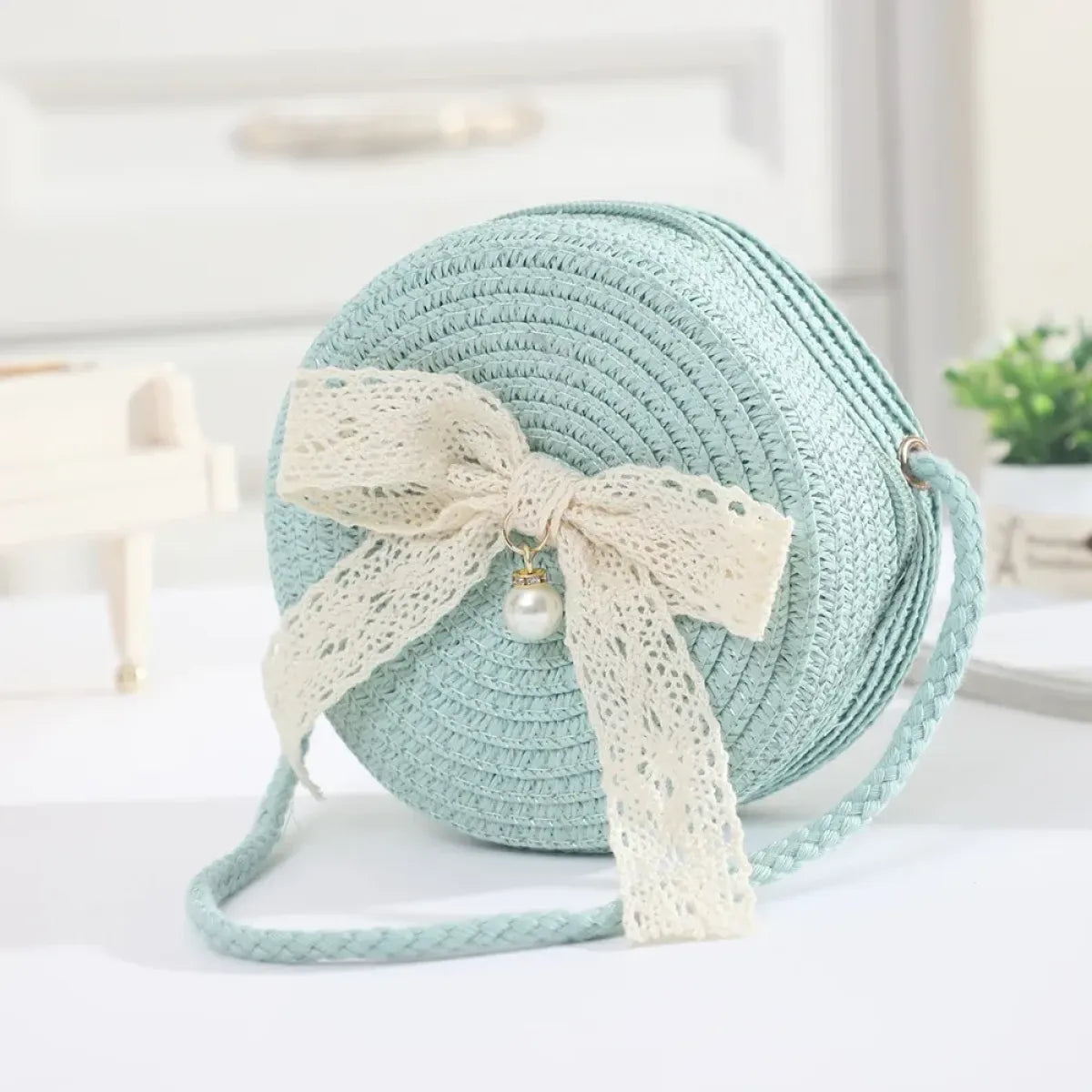 Round Straw Crossbody Bag With Lace Bow - Women Bags & Wallets - Crossbody Bag - 1